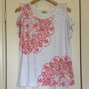 🎉HP🎉Embellished Cold-Shoulder Women's M Pink Coral & White Floral Burnout Top